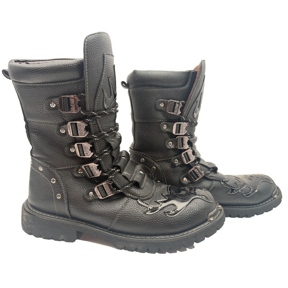 Jingpin Gothic Punk Skull Flame Metal Toe Combat Biker Boots Black| Men's US 11